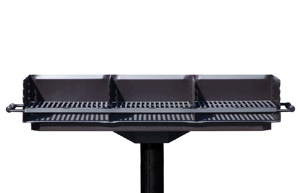 Triple bay commercial park grill with multiple cooking compartments designed for high-capacity outdoor grilling in parks, campgrounds, and group spaces
